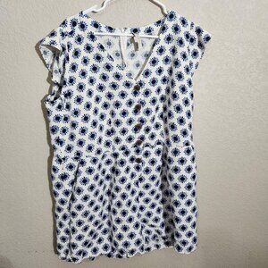 LOFT Plus Dress Womens 18 White Blue Floral Linen Blend Button Front Pockets